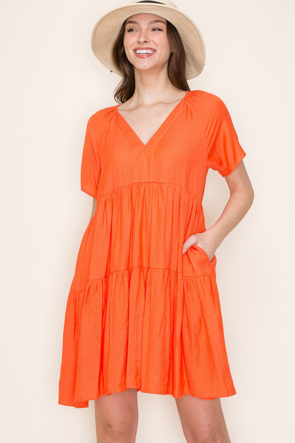 Orange V-Neck Tiered Short Sleeve Maternity Dress
