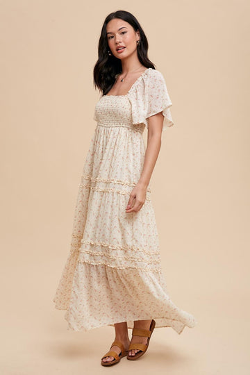 Cream Floral Smocked Square Neck Flutter Sleeve Midi Dress
