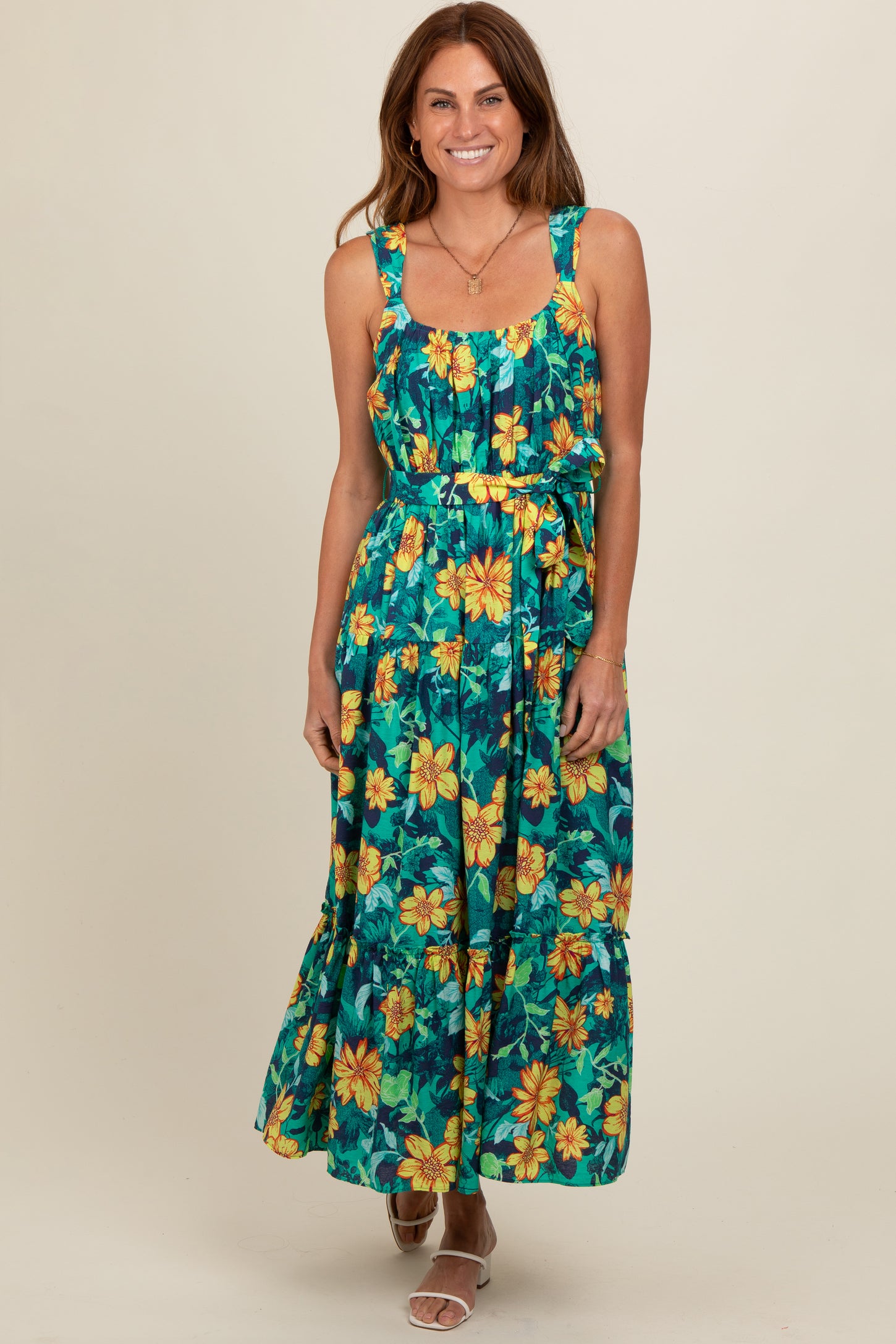 Yellow Floral Tiered Sash Tie Maternity Midi Dress