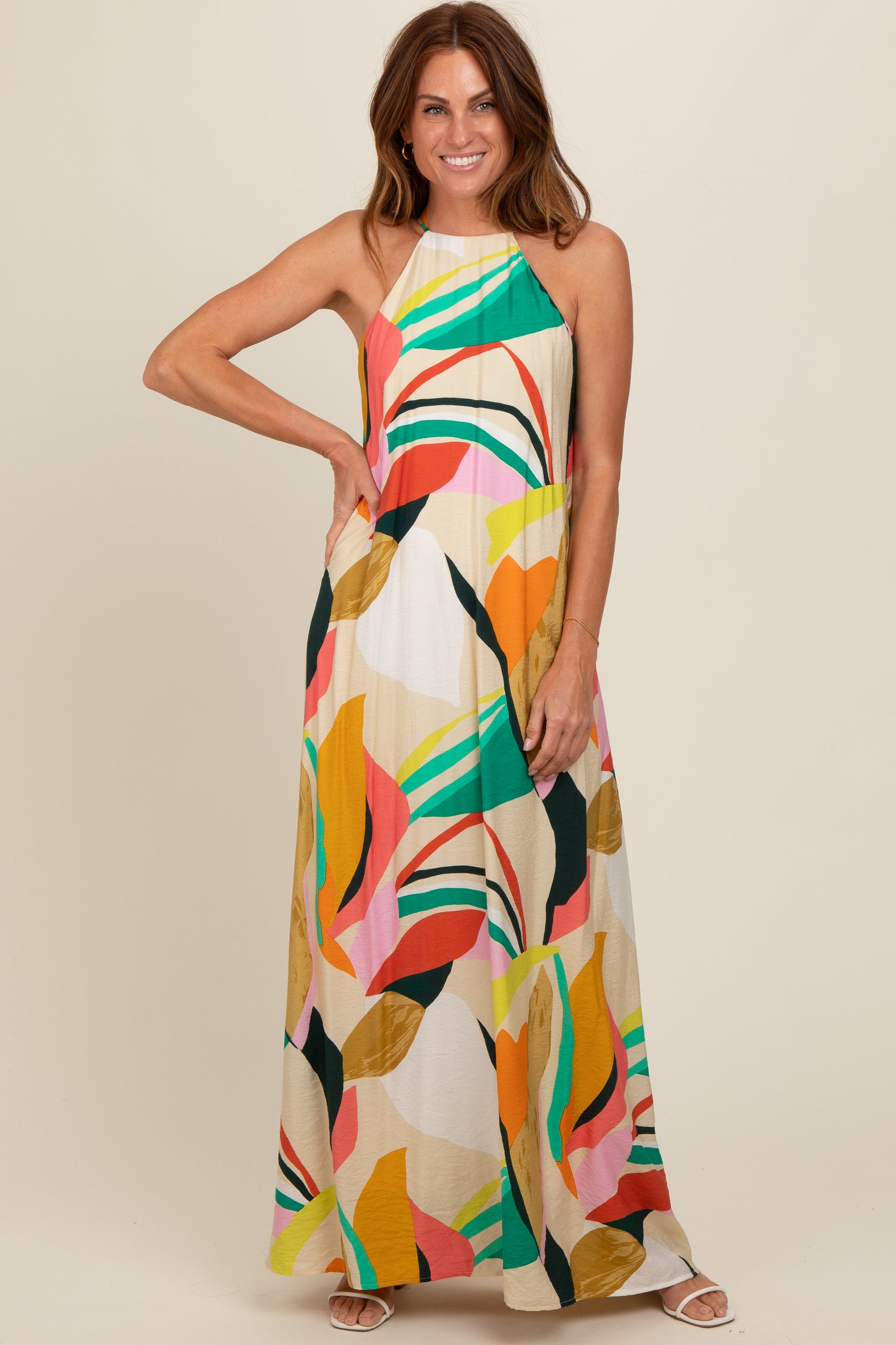 Multicolor Abstract Print Halter Maxi Dress