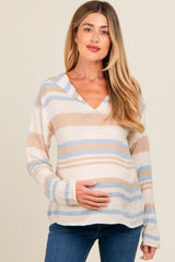 Cream Multi-Color Striped V-Neck Maternity Sweater
