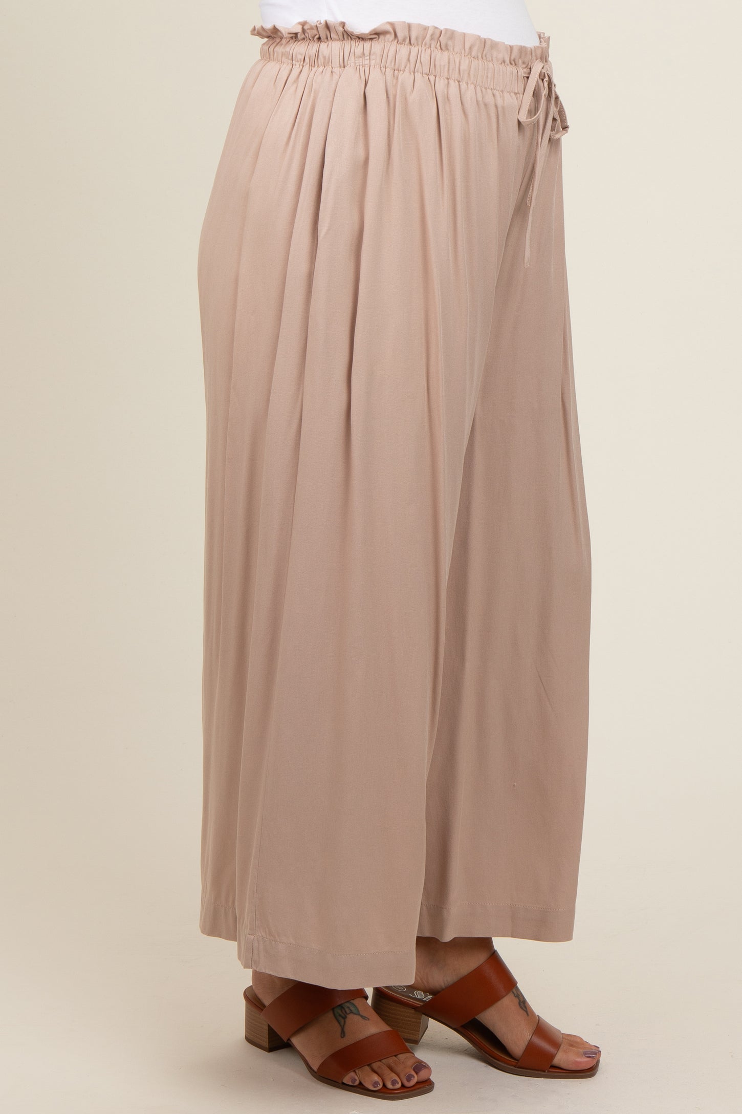 Beige Pleated Elastic Waist Wide Leg Crop Maternity Pants