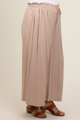 Beige Pleated Elastic Waist Wide Leg Crop Maternity Pants