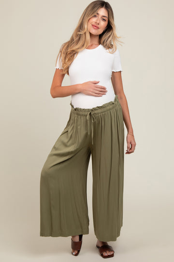 Olive Pleated Elastic Waist Wide Leg Crop Maternity Pants
