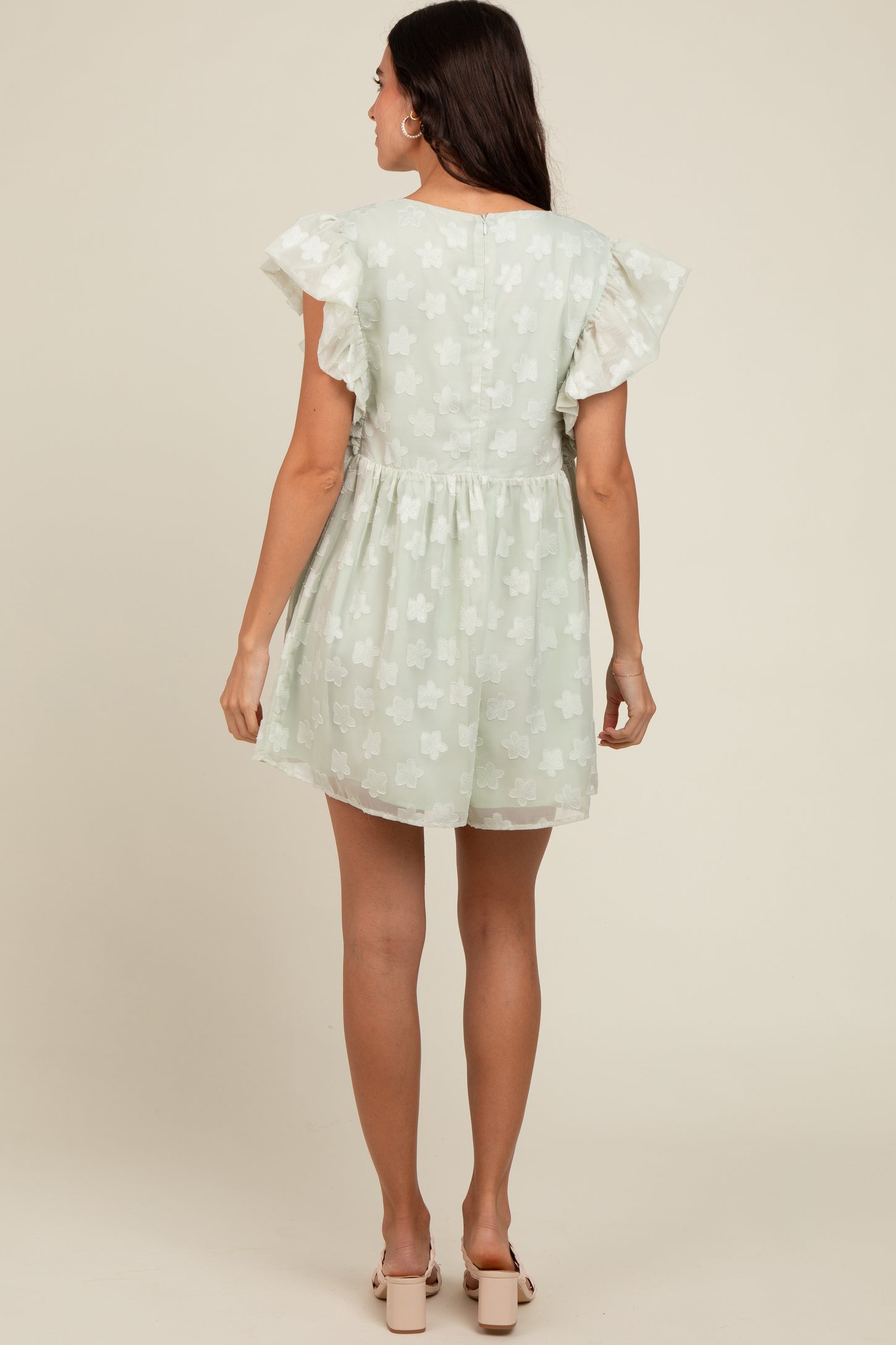 Sage Floral Split V-Neck Ruffle Sleeve Romper