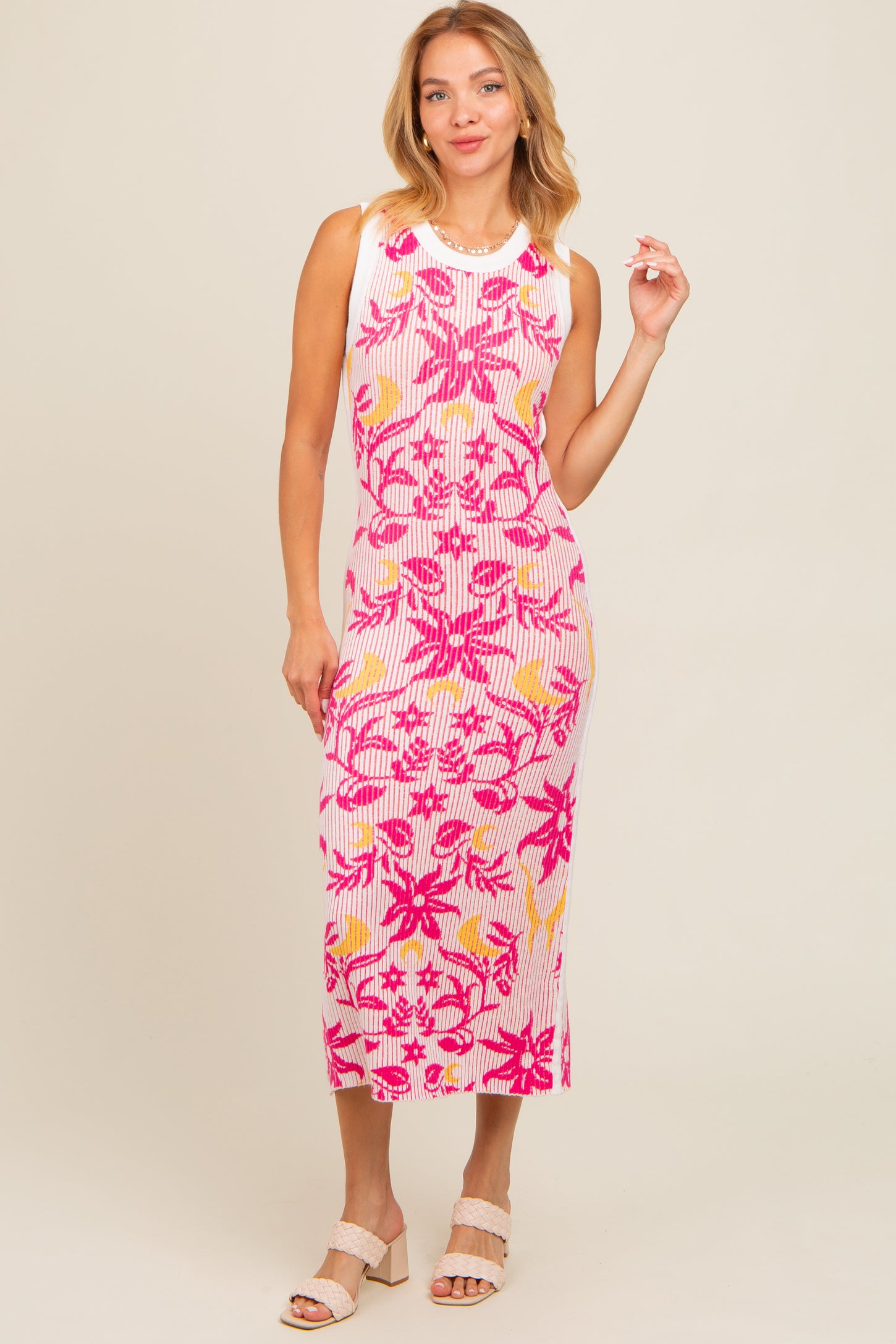 Fuchsia Floral Sleeveless Midi Dress