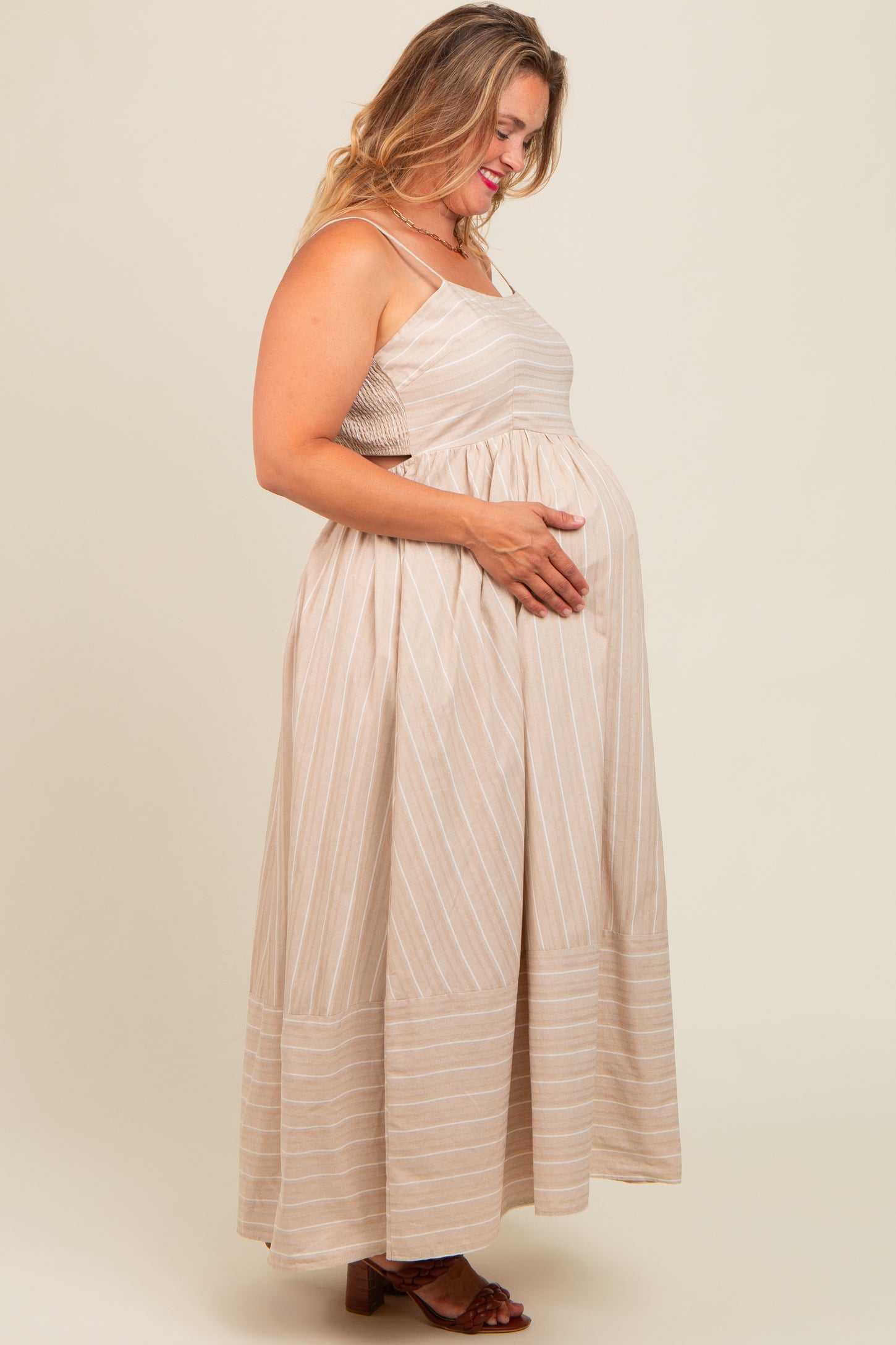 Beige Striped Cutout Back Maternity Plus Maxi Dress