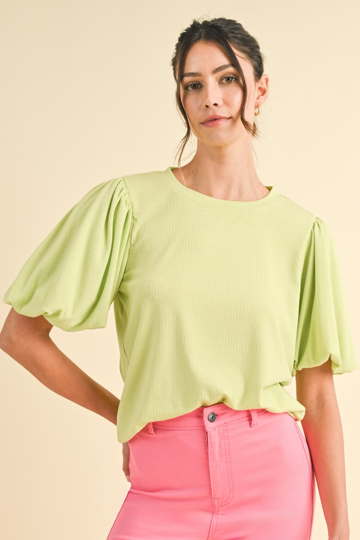 Lime Ribbed Puff Short Sleeve Maternity Top