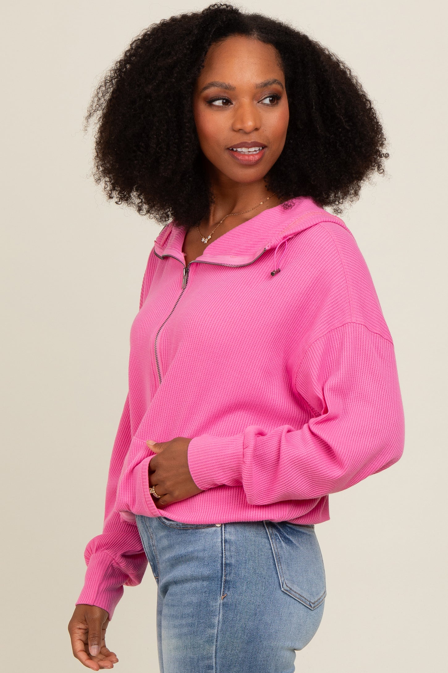 Pink Waffle Knit Half Zip Relaxed Fit Hoodie