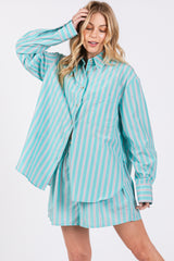 Aqua Striped Button Down Top and Short Maternity Set
