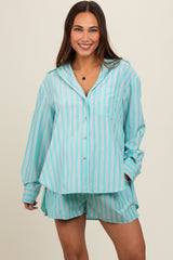 Aqua Striped Button Down Top and Short Maternity Set
