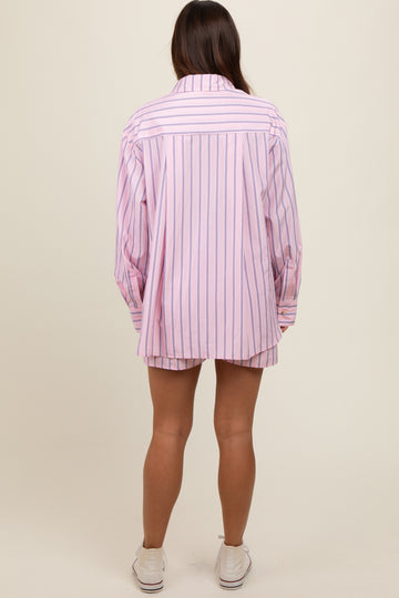Pink Striped Button Down Top and Short Maternity Set