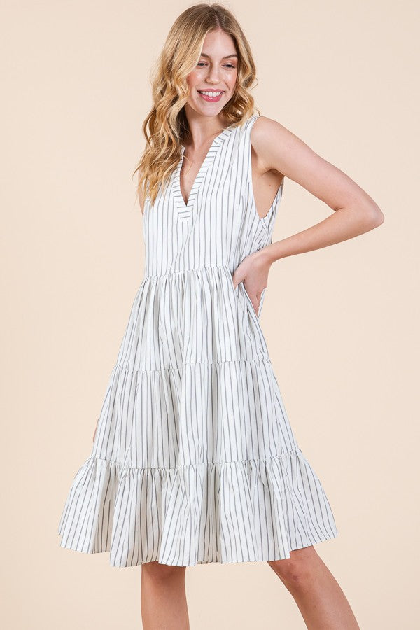 Off White Vertical Striped V Neck Sleeveless Midi Dress