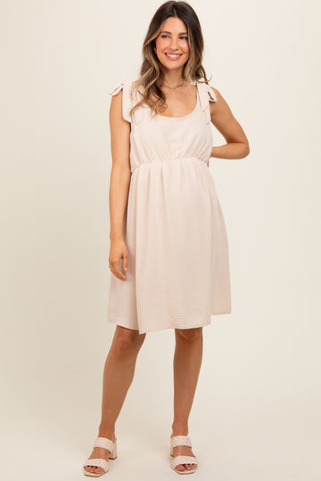 Beige Solid Tie-Shoulder Scoop Neck Maternity Dress