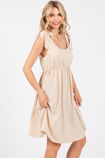 Beige Solid Tie-Shoulder Scoop Neck Dress