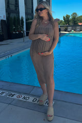 Mocha Crochet V-Neck Side Slit Maternity Cover Up