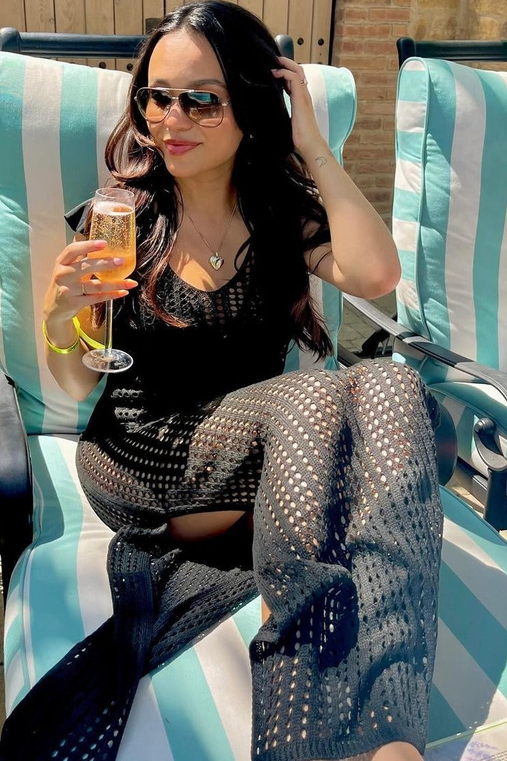 Black Crochet V-Neck Side Slit Cover Up