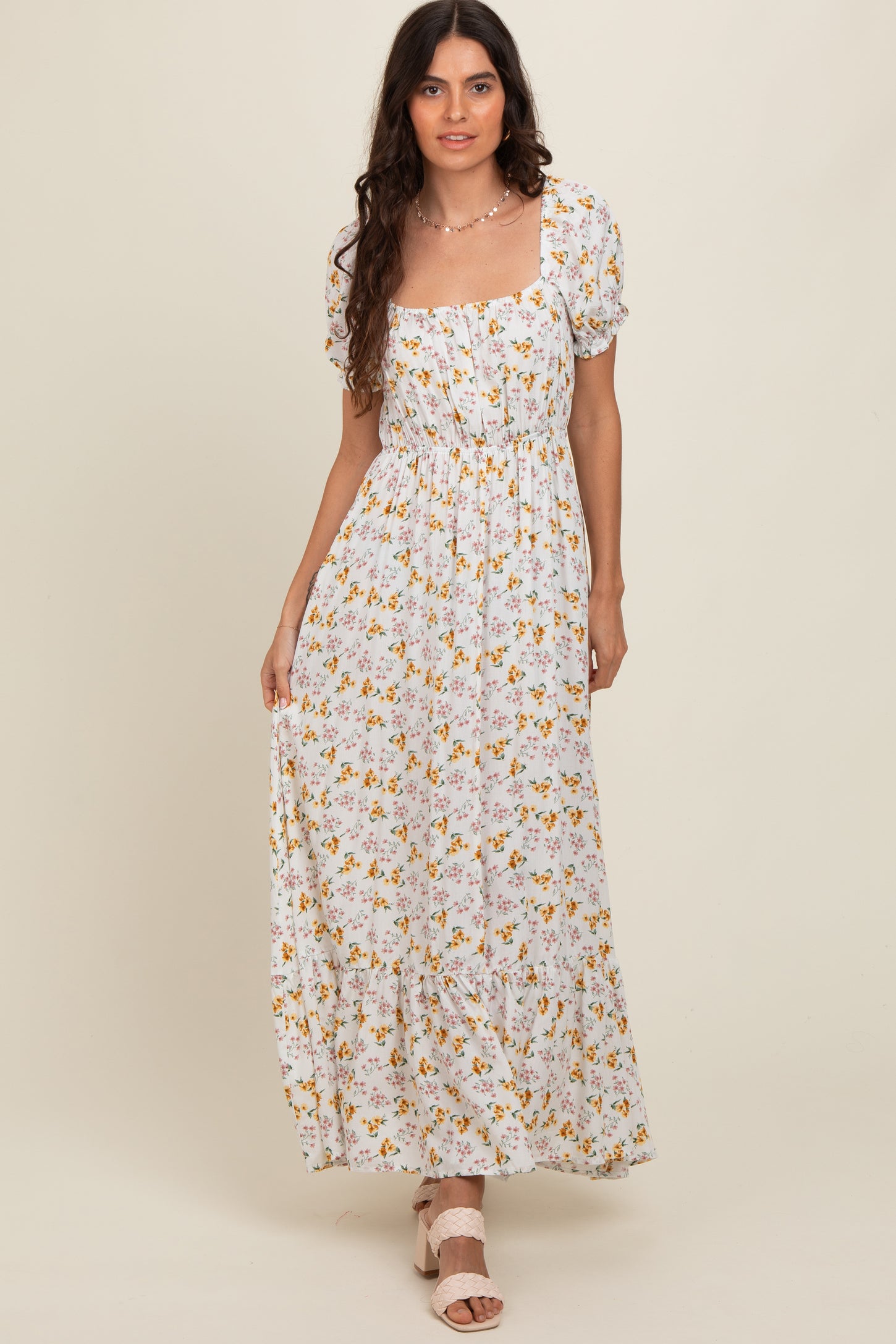 Ivory Floral Short Sleeve Maxi Dress