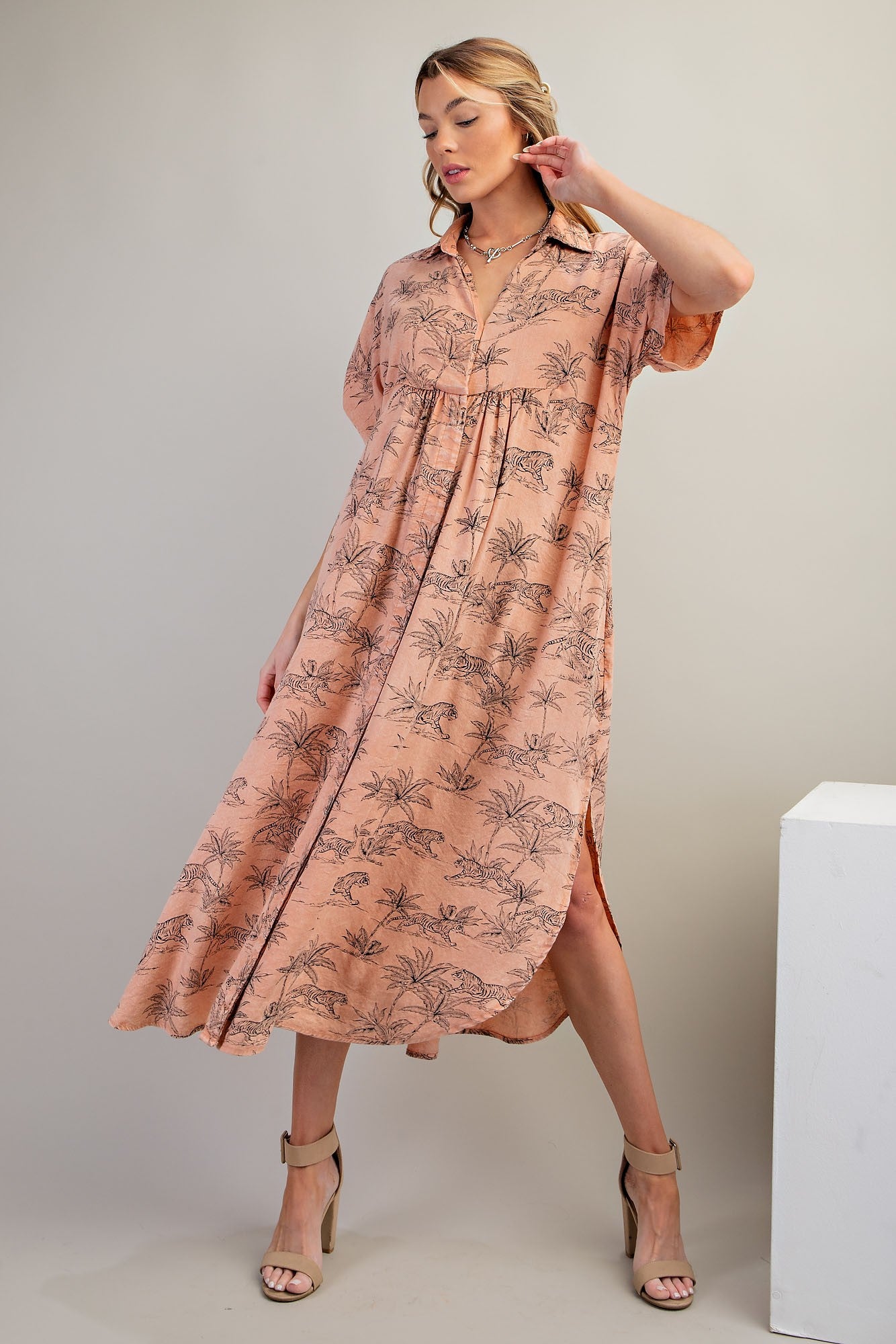 Peach Tiger Print Button Front Rounded Hem Maternity Midi Dress