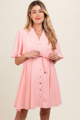 Pink Checkered Braided Belt Button Front Maternity Dress
