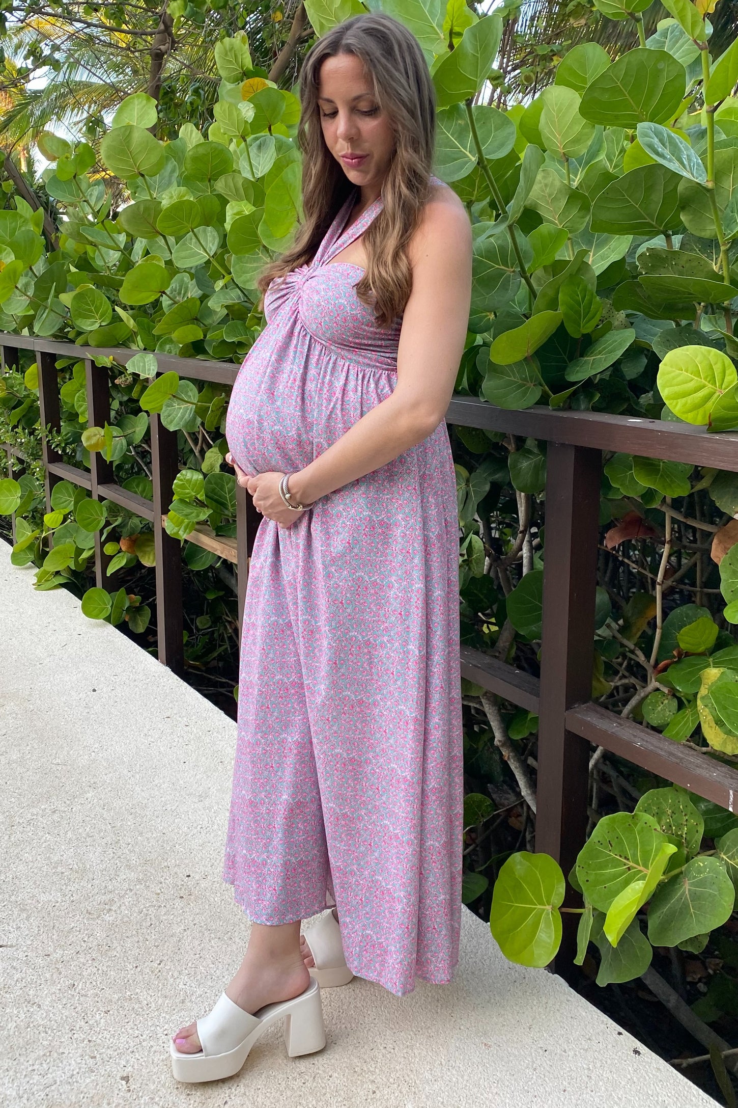 Teal Print Halter Maternity Maxi Dress