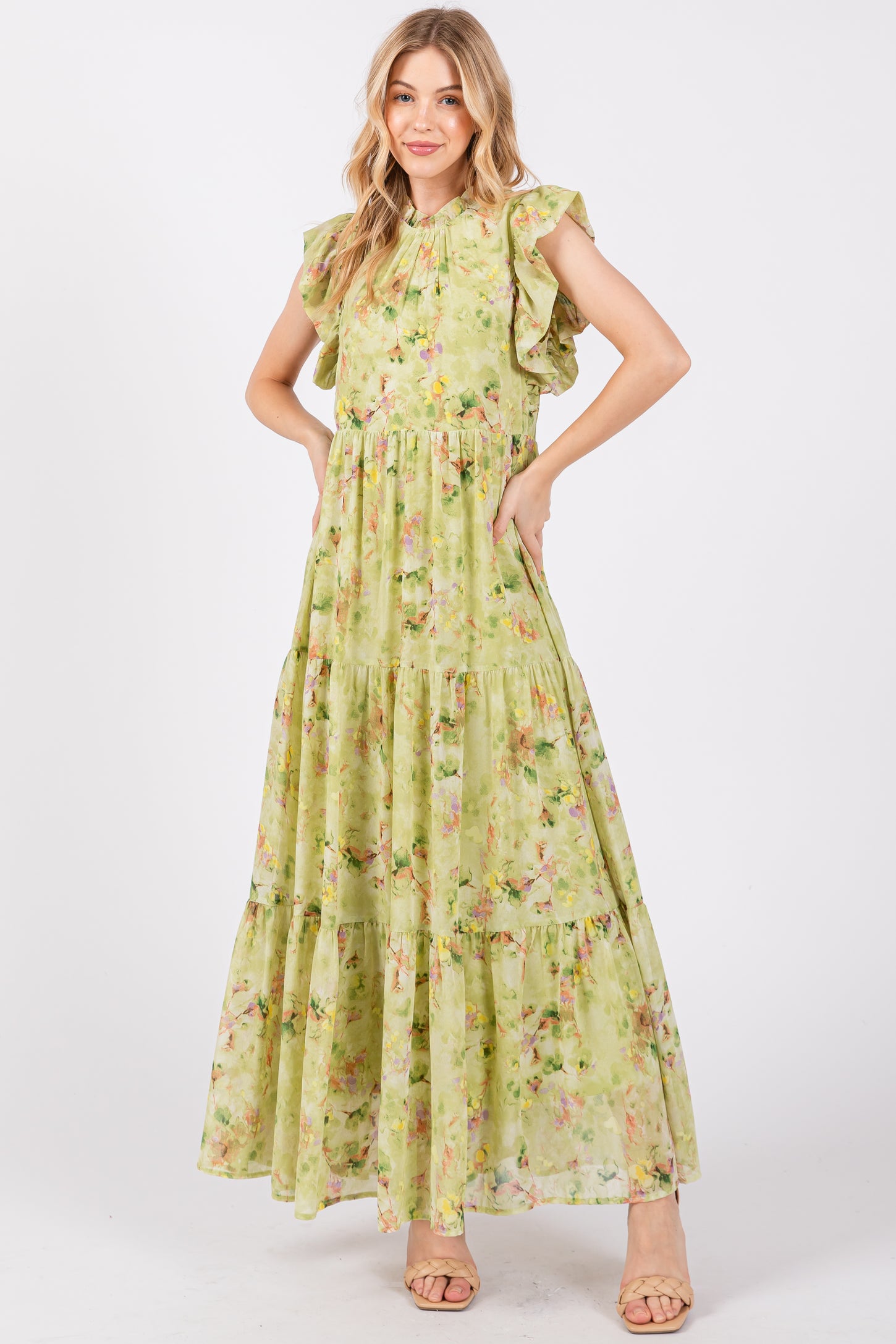 Lime Floral Chiffon Ruffle Shoulder Tiered Maternity Maxi Dress
