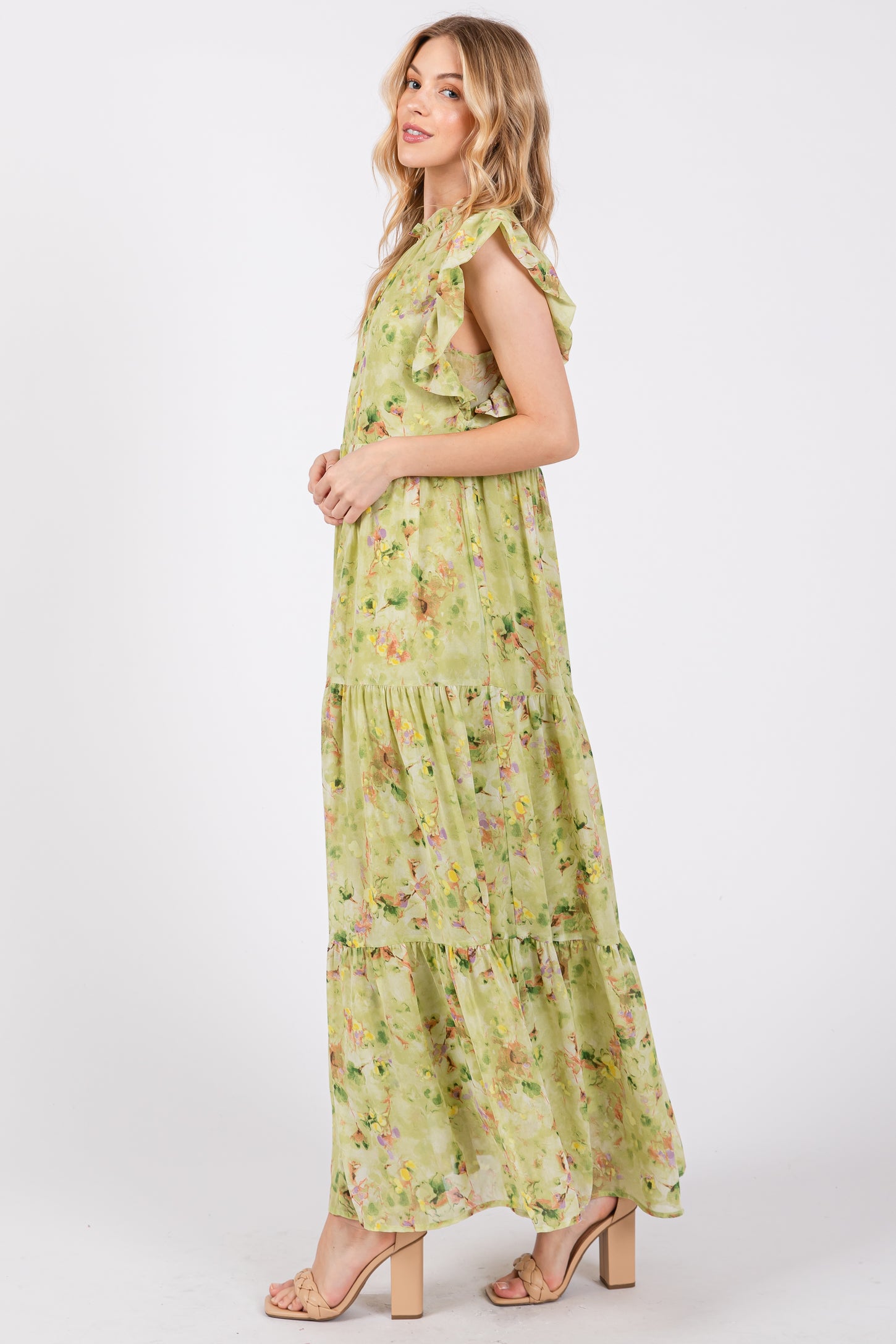 Lime Floral Chiffon Ruffle Shoulder Tiered Maxi Dress