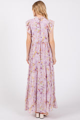 Lavender Floral Chiffon Ruffle Shoulder Tiered Maxi Dress