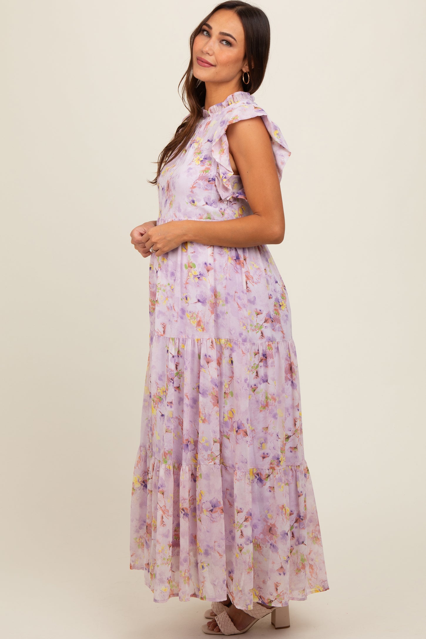 Lavender Floral Chiffon Ruffle Shoulder Tiered Maternity Maxi Dress