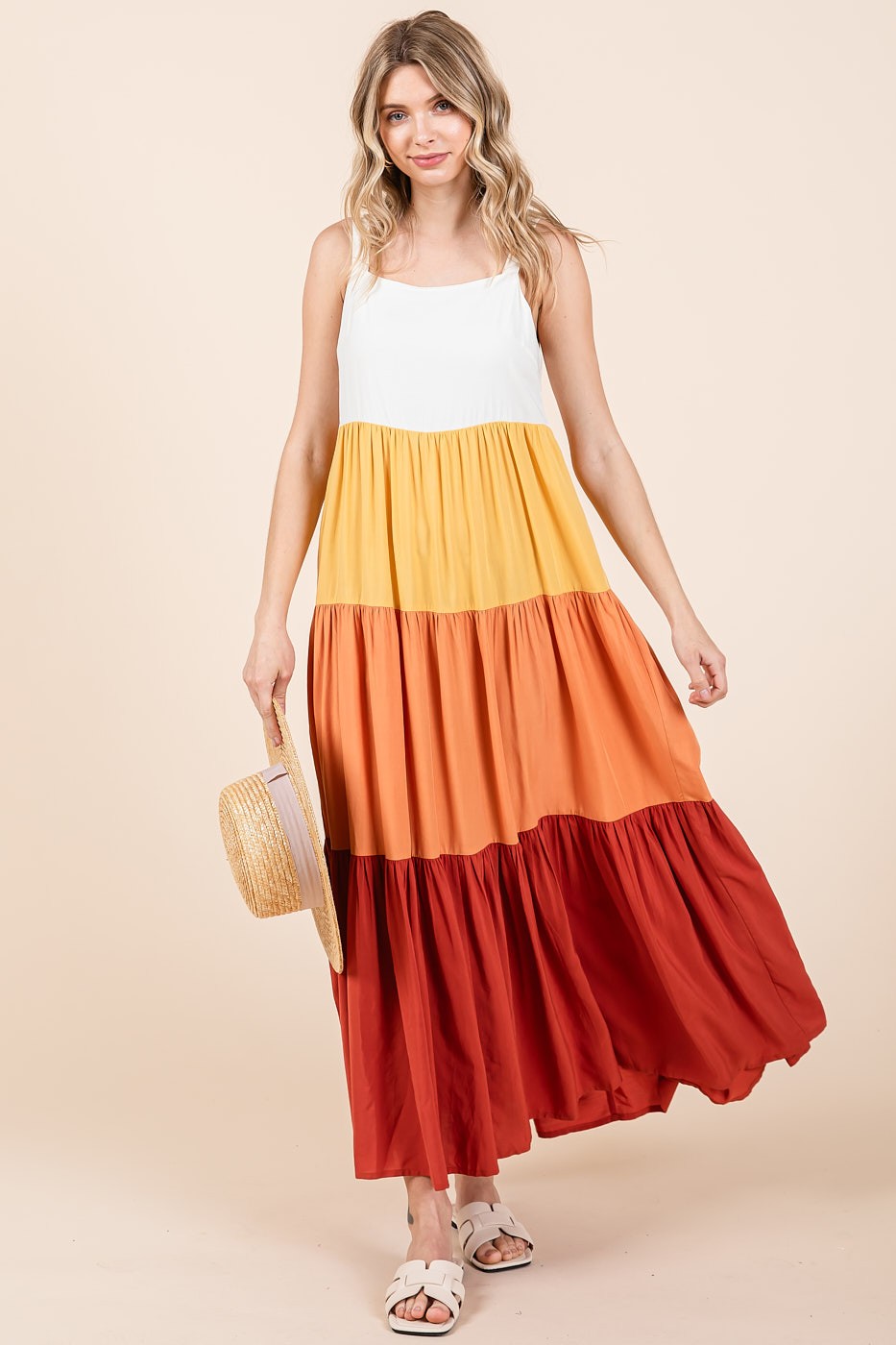 Orange Tiered Colorblock Maternity Maxi Dress