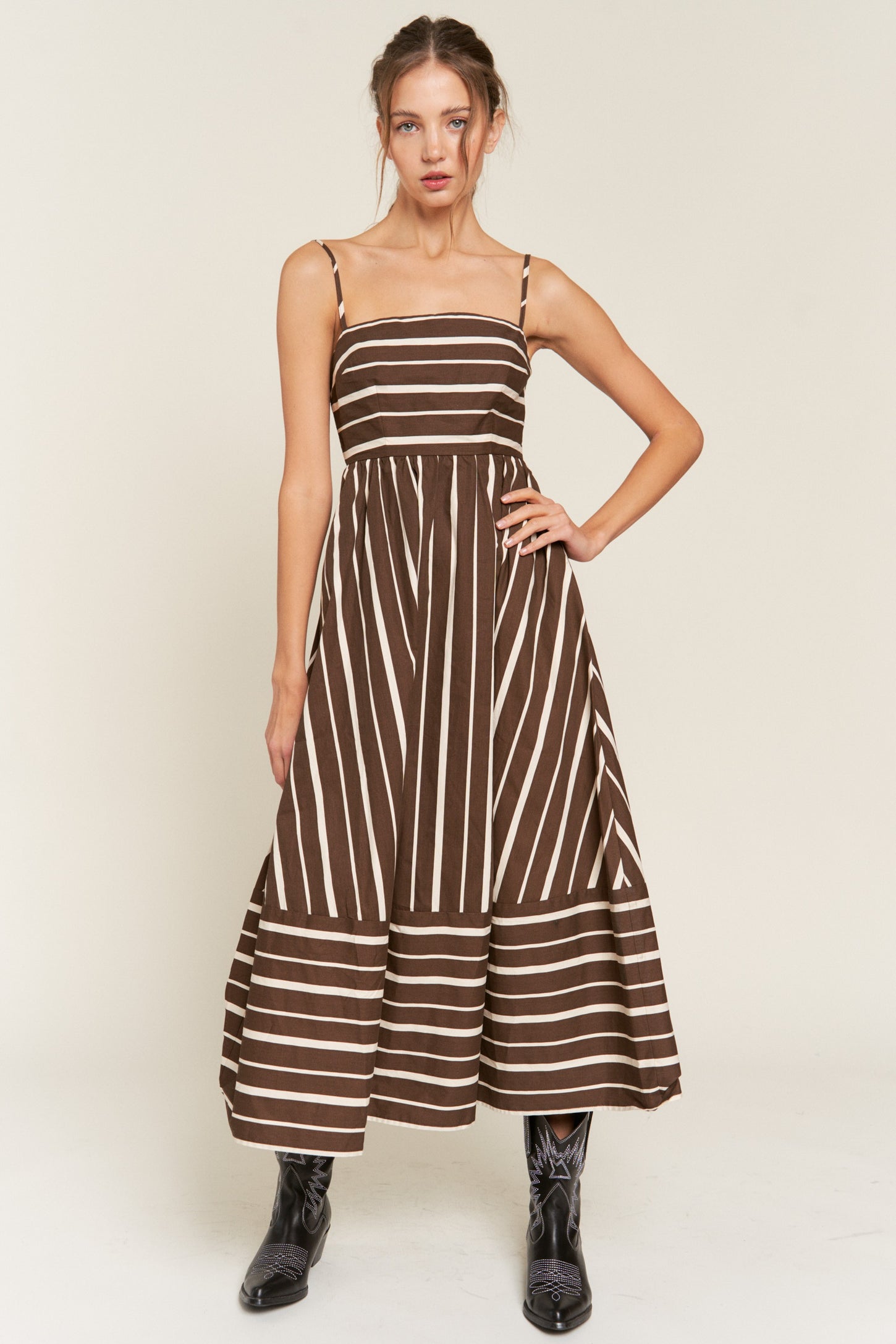 Brown Striped Back Cutout Maternity Dress