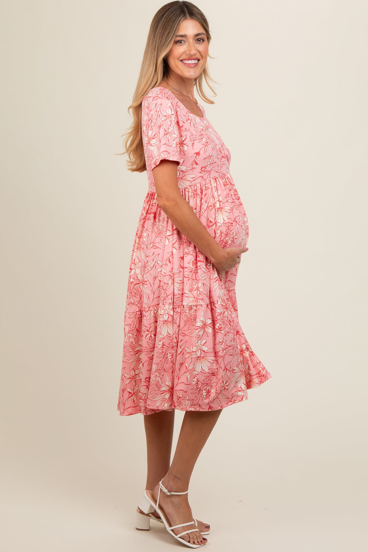 Pink Floral Tiered Maternity Midi Dress