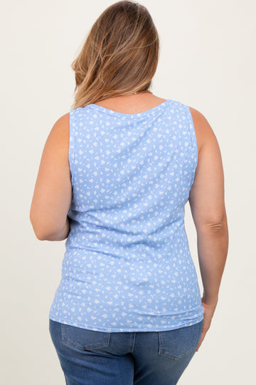 Blue Floral Ribbed Henley Maternity Plus Tank Top