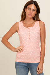 Peach Floral Ribbed Henley Tank Top