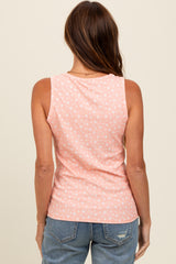 Peach Floral Ribbed Henley Tank Top