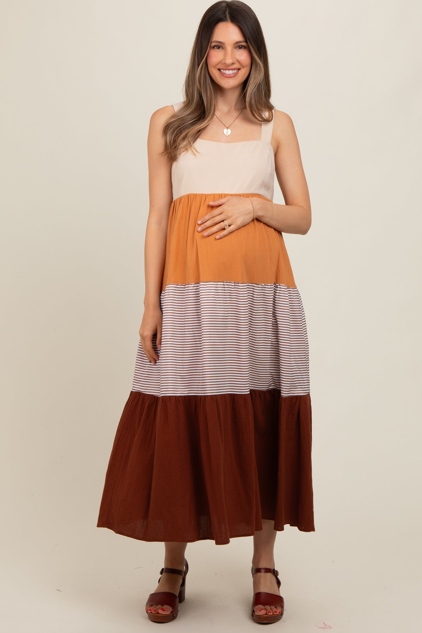 Multi Striped Color Block Back Bow Maternity Midi Dress