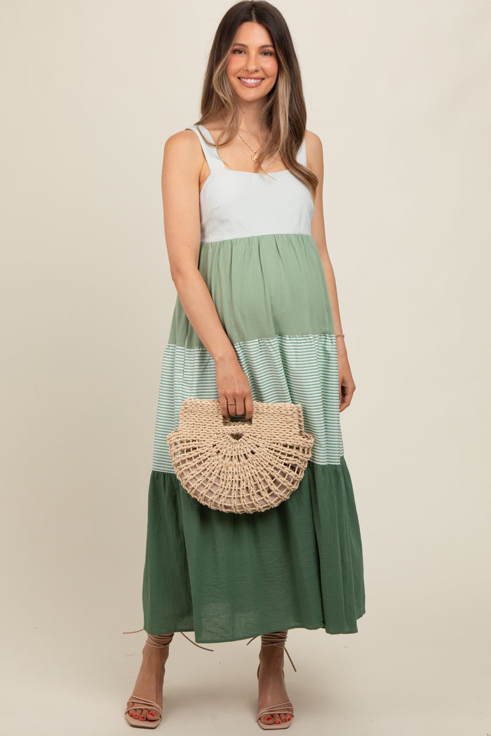 Green Striped Color Block Back Bow Maternity Midi Dress