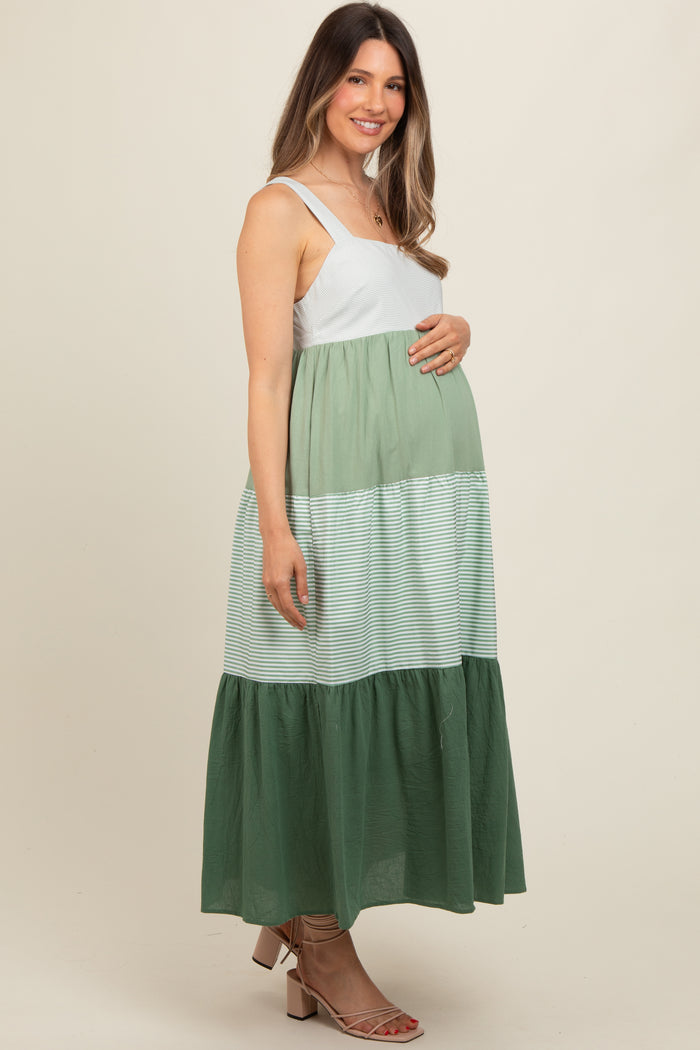 Green Striped Color Block Back Bow Maternity Midi Dress