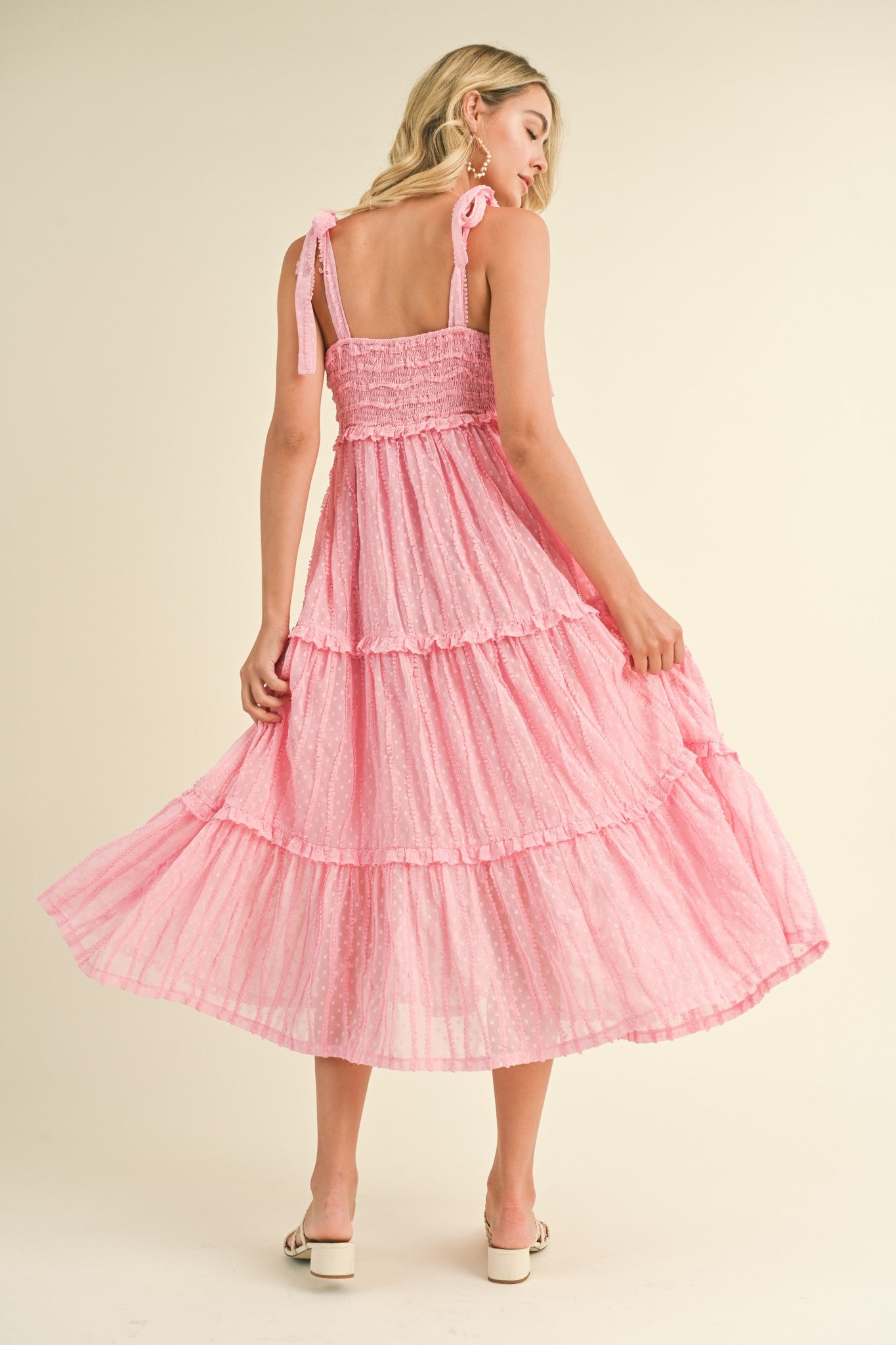 Pink Textured Tie Strap Tiered Midi Dress