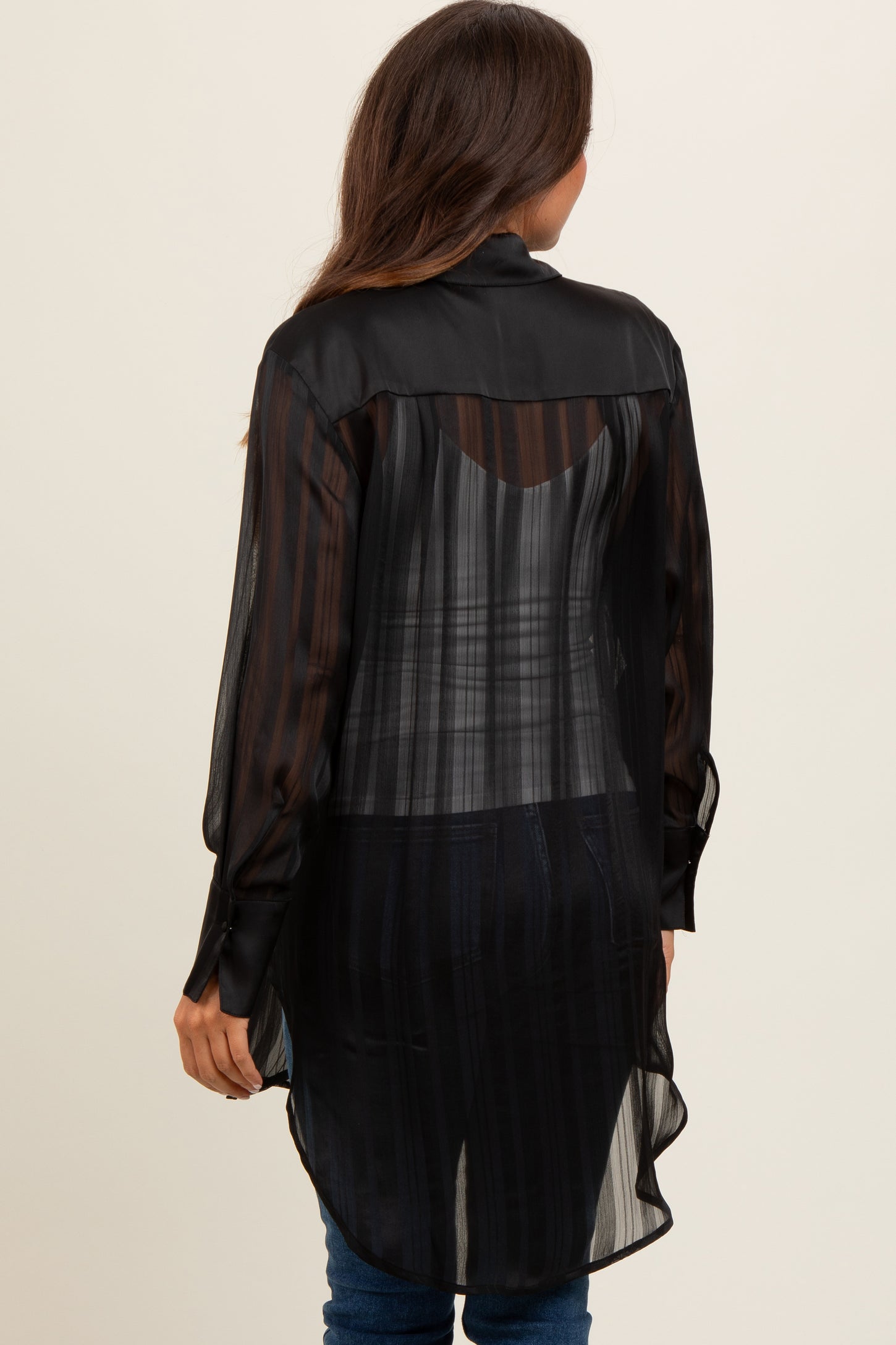 Black Sheer Stripe Button Down Maternity Blouse