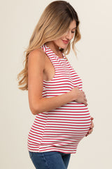 Red Striped High Neckline Maternity Tank