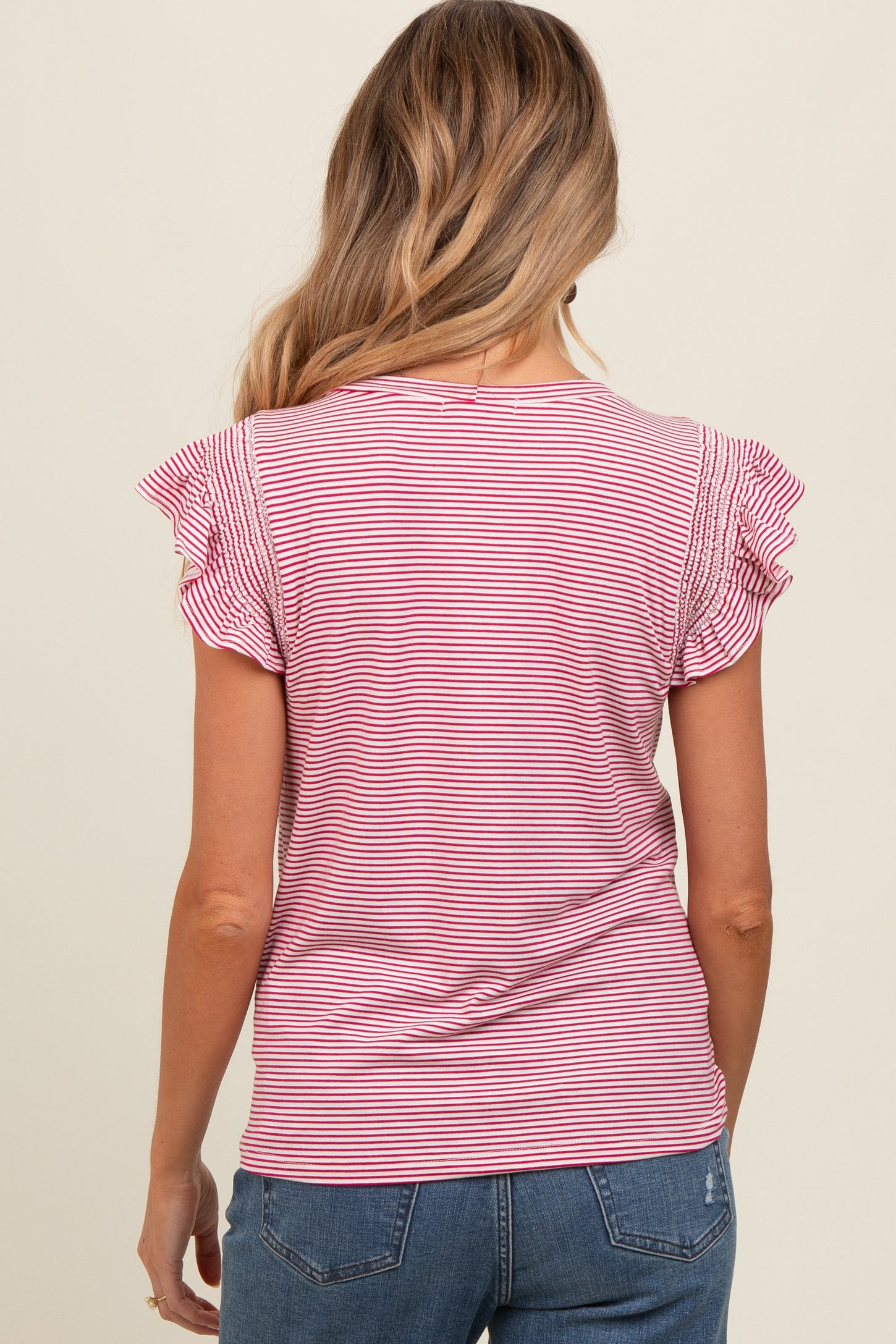 Fuchsia Striped Flutter Sleeve Maternity Top
