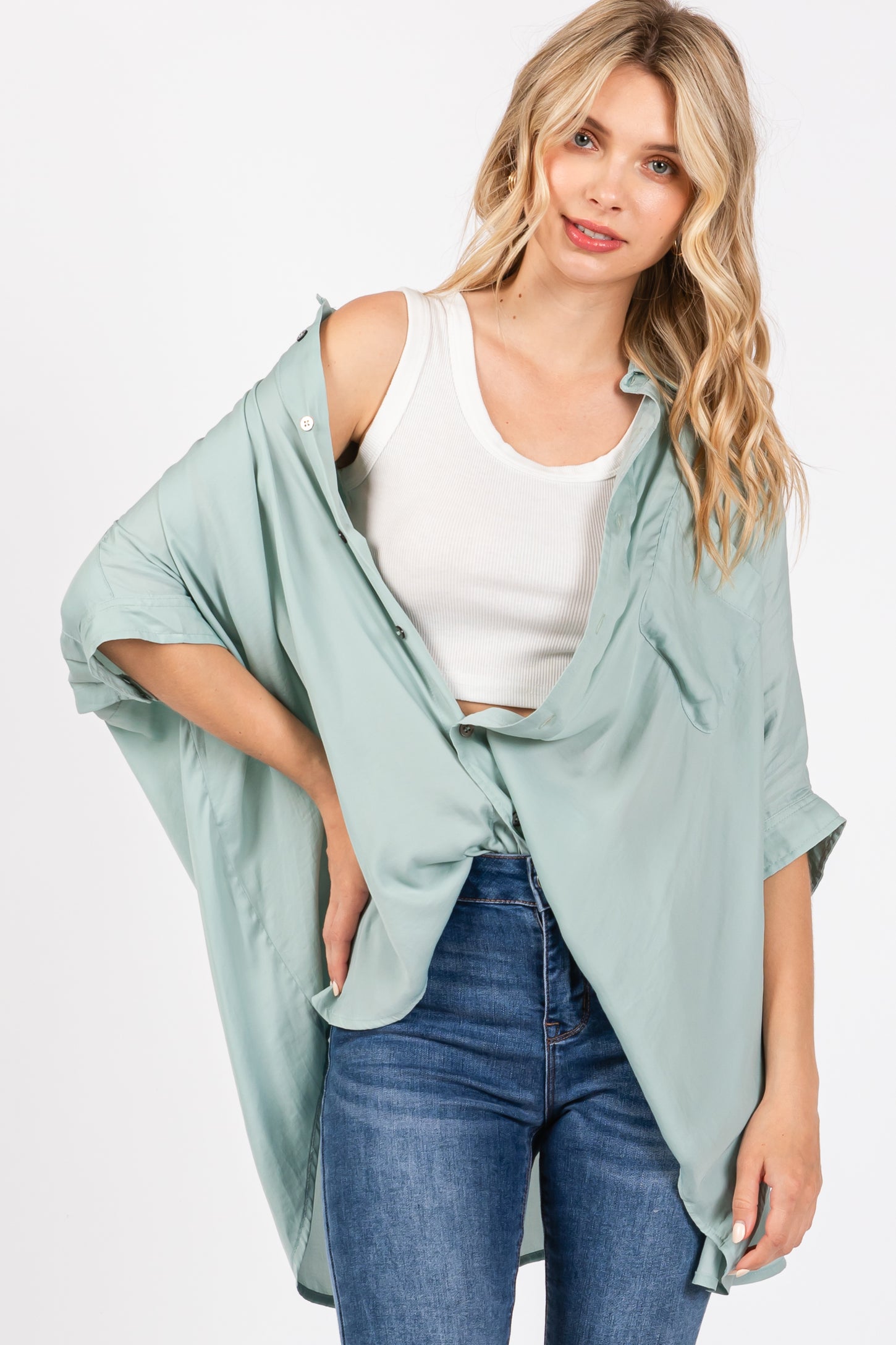 Sage Satin Oversized Shirt