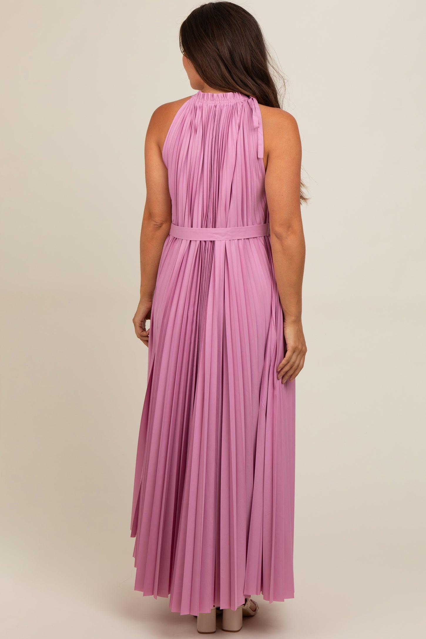 Pink Pleated Empire Tied Waist Maternity Midi Dress