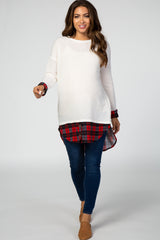 Ivory Plaid Shirttail Maternity Top