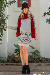 Beige Reindeer Fitted Maternity Sweater Dress