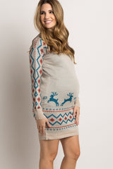 Beige Reindeer Fitted Maternity Sweater Dress