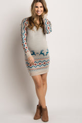 Beige Reindeer Fitted Maternity Sweater Dress