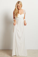 Ivory Lace Accent Chiffon Maternity Evening Gown