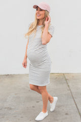 Tall Ivory Striped Fitted Short Sleeve Maternity Dress